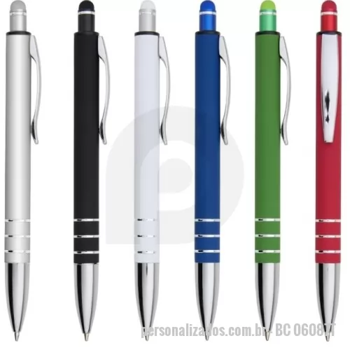 Caneta metálica personalizada - Caneta metálica touchscreen com acabamento emborrachado, acionamento por clique e carga esferográfica azul 1.0mm.