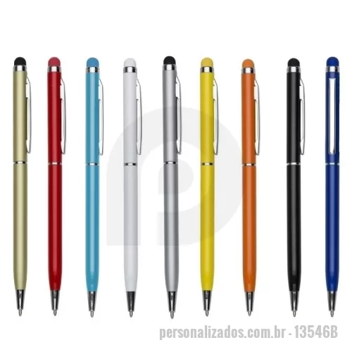 Caneta metálica personalizada - Caneta metálica com touch screen, carga esferográfica azul 1.0 mm e acionamento por rotação.