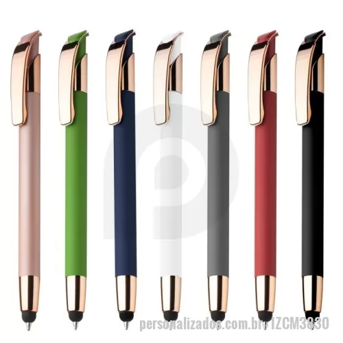 Caneta metálica personalizada - Caneta esferográfica em metal escrita em azul com detalhe em dourado rosé. Refil tipo parker e ponta touch emborrachada.