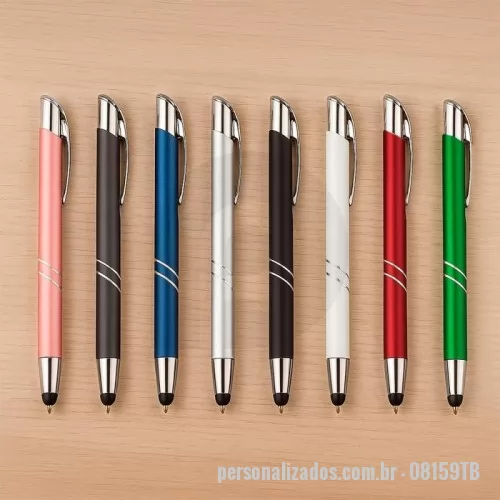 Caneta metálica personalizada - Caneta Metal Touch  Descrição: Caneta metálica com acionamento por clique texturizado, proporcionando firmeza e sensação premium ao usar. Conta com carga esferográfica azul de 1,0 mm para escrita suave. A ponta touch possui revestimento emborrachado, ideal para navegação em telas sensíveis ao toque.  Especificações:  Material: Metal  Acionamento: Clique texturizado  Cor da carga: Azul – 1,0 mm  Touch: Sim, com ponta emborrachada  Largura: 1,4 cm  Comprimento: 13,9 cm  Área para gravação (CxL): 0,8 cm × 5 cm  Peso aproximado: 17 g