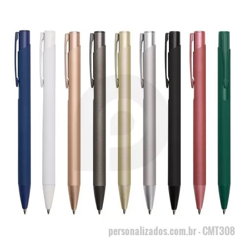 Caneta metálica personalizada - Caneta metálica com ponta e clip em plástico. Possui acionamento por clique e carga esferográfica azul de 1.0mm.