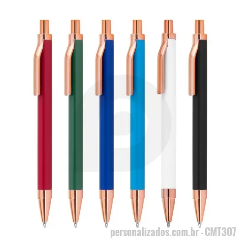 Caneta metálica personalizada - Caneta esferográfica com corpo em alumínio reciclado, acionador e clipe em acabamento rosé/bronze.