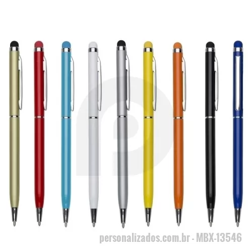 Caneta metálica personalizada - Caneta metálica com touch screen, carga esferográfica azul 1.0 mm e acionamento por rotação.