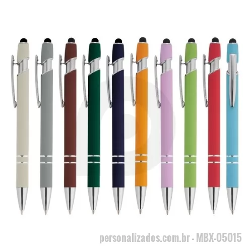 Caneta metálica personalizada - Caneta metálica touchscreen com acabamento similar à borracha, acionamento por clique e carga esferográfica azul 1.0mm.