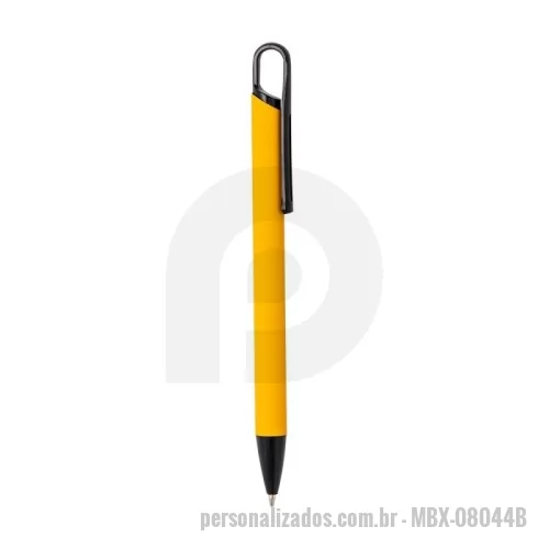 Caneta metálica personalizada - Caneta metálica com acabamento similar à borracha, clipe e ponteira plásticas, carga esferográfica azul 1.0mm e acionamento por clique.