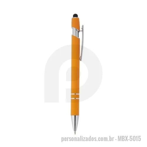 Caneta metálica personalizada - Caneta metálica touchscreen com acabamento similar à borracha, acionamento por clique e carga esferográfica azul 1.0mm.