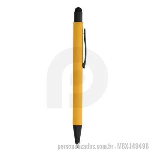Caneta metálica personalizada - Caneta metálica touchscreen com acabamento emborrachado, acionamento por clique e carga esferográfica azul 1.0mm.