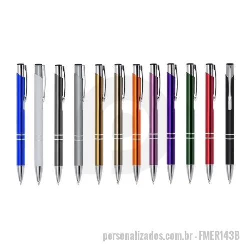 Caneta metálica personalizada - Descrição: Caneta metálica com carga esferográfica azul 1.0mm e acionamento por clique.  Medidas aproximadas para gravação (CxL):  3 cm x 0,7 cm  
