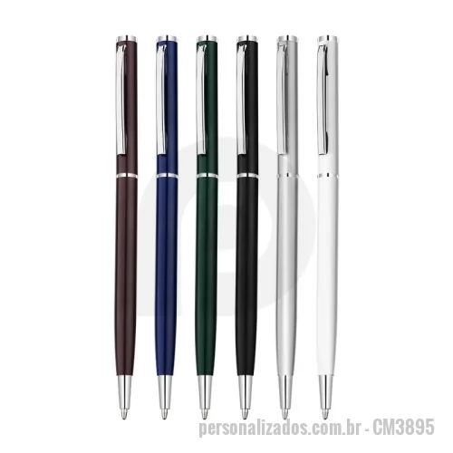 Caneta metálica personalizada - Caneta esferográfica metálica com acabamento sofisticado e detalhe brilhoso, proporcionando elegância e excelente apresentação para ações promocionais e brindes corporativos. Possui escrita azul suave e corpo em metal resistente, ideal para uso diário em ambientes profissionais, eventos e reuniões.  Seu design moderno e executivo transforma esta caneta personalizada em um brinde de alta circulação e ótima percepção de valor para empresas e campanhas promocionais.  Material: Metal resistente com carga esferográfica azul.