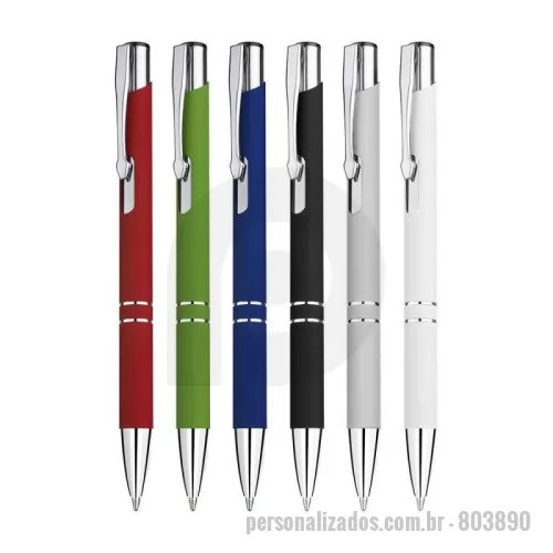 Caneta metálica personalizada - Caneta esferográfica em metal com ponta touch escrita em azul, detalhe de cor fosca.
