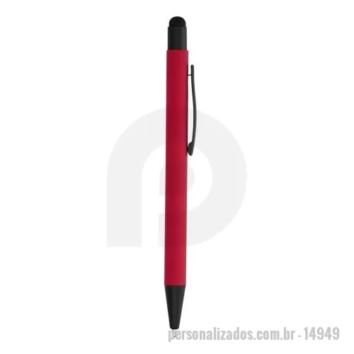 Caneta metálica personalizada - Caneta metálica com touch screen com acabamento emborrachado, carga esferográfica azul 1.0mm e acionamento por clique. Ao ser personalizada a laser, o corpo da caneta adotará a mesma cor da borracha touch, com a exceção da cor preta, que permanecerá em prata.  Largura: 1,4 cm Comprimento: 14,7 cm Medidas aproximadas para gravação: (CxL): 4,5 cm x 0,5 cm