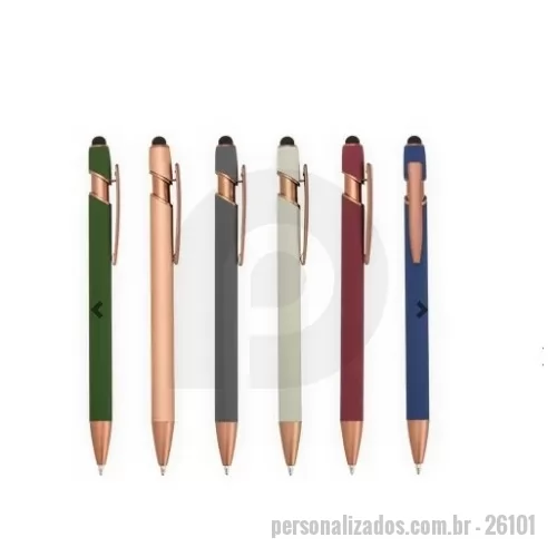 Caneta metálica personalizada - A Caneta Metal Touch é um brinde corporativo personalizado que combina elegância, praticidade e tecnologia. Produzida em metal com pintura de acabamento emborrachada, oferece toque agradável e visual sofisticado, ideal para ações promocionais, eventos, feiras e presentes empresariais.  Possui acionamento por clique, carga esferográfica azul de 1,0 mm para uma escrita suave e confortável, além de ponteira touch emborrachada que permite o uso em smartphones, tablets e outros dispositivos com telas sensíveis ao toque.  Uma excelente opção de brinde personalizado para fortalecer a presença da sua marca com um produto útil e valorizado no dia a dia.