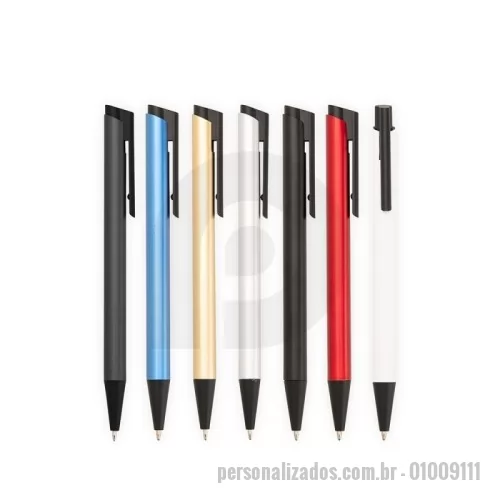 Caneta metálica personalizada - Caneta metálica com ponteira, clip e acionamento em plástico. Possui carga esferográfica azul de 1,0mm e acionamento por clique.