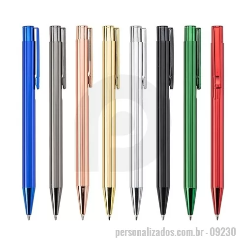 Caneta metálica personalizada - Caneta metálica com acabamento brilhante, acionamento por clique e carga esferográfica azul de 1,0mm.