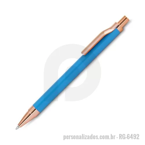 Caneta metálica personalizada - Caneta esferográfica com corpo em alumínio reciclado, acionador e clipe em acabamento rosé/bronze.