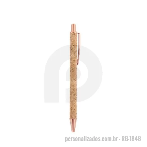 Caneta metálica personalizada - Caneta de cortiça com carga esferográfica azul 1.0mm e acionamento por clique. Clipe metálico, acionador e ponteira plástica.    OBS.: PEDIDOS MÍNIMO DE 50 PEÇAS!