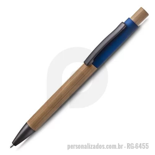 Caneta metálica personalizada - Caneta esferográfica em alumínio reciclável com escrita em azul. Refil parker e acionador e corpo em bambu.