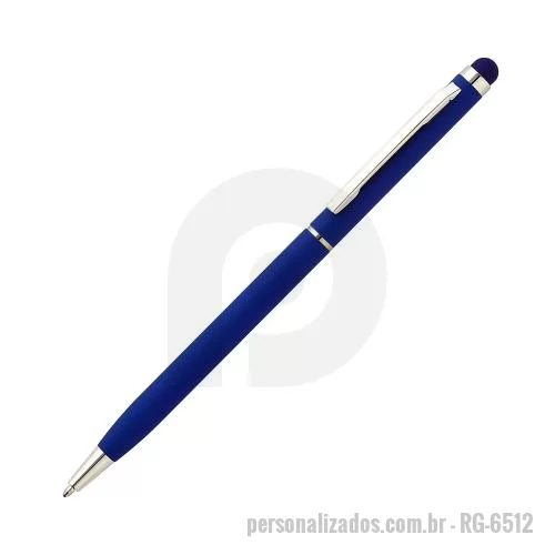 Caneta metálica personalizada - Caneta esferográfica de metal escrita em azul, com ponta touch com corpo emborrachado.