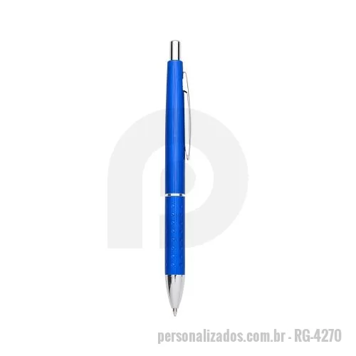 Caneta metálica personalizada - Caneta metálica com pintura escovada colorida, possui anel inferior prata e detalhes em relevo semelhante a strass. Acionamento por clique.