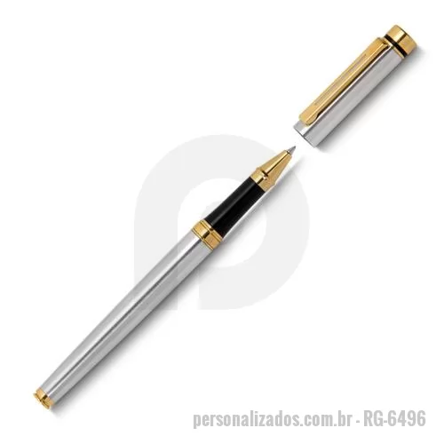 Caneta metálica personalizada - Caneta Roller metal com detalhes em dourado