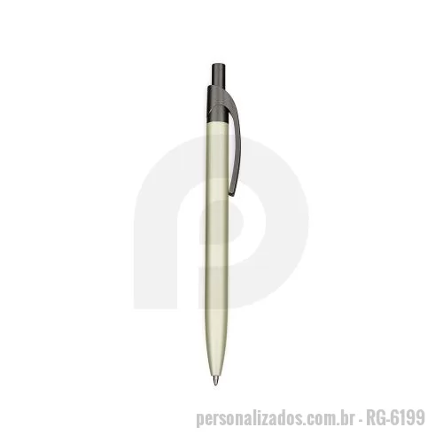Caneta metálica personalizada - Caneta metálica com acionamento por clique e clip em plástico. Possui carga esferográfica azul de 1,0mm.
