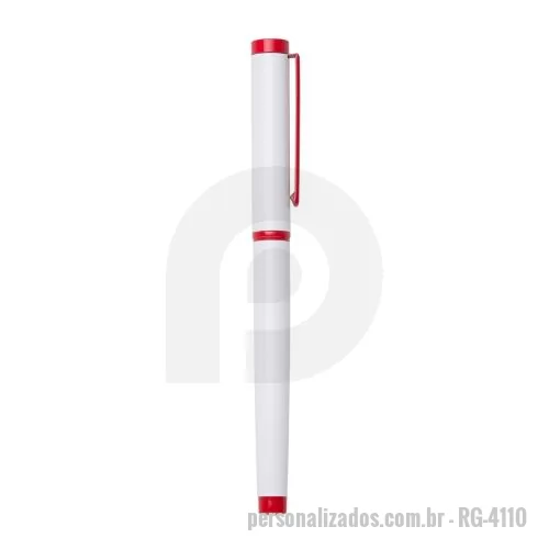 Caneta metálica personalizada - Caneta roller semimetal com corpo colorido. Possui anel metálico na parte superior, anel central e parte inferior colorida. Carga esferográfica preto de 0.7 mm. Para utilizar, basta puxar a tampa.