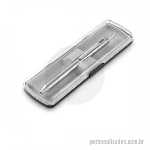 Caneta metálica personalizada - Conjunto personalizado de caneta esferográfica e lapiseira em metal, 3 em 1. Acompanha estojo personalizado de plástico rígido.
