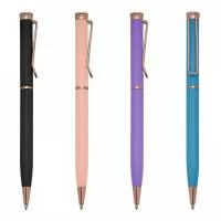 Caneta semimetal bronze com detalhe inferior colorido em pintura fosca. Clip metálico, acionamento por giro e carga esferográfica azul.