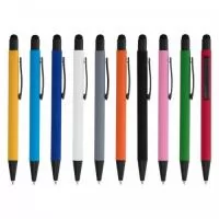 Caneta metal. Caneta metálica touchscreen com acabamento emborrachado, acionamento por clique e carga esferográfica azul 1.0mm.