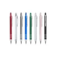 Caneta metálica com acionador touch, clipe metálico e ponteira plástica. Carga esferográfica azul 1.0mm e acionamento por clique.