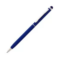 Caneta esferográfica de metal escrita em azul, com ponta touch com corpo emborrachado.