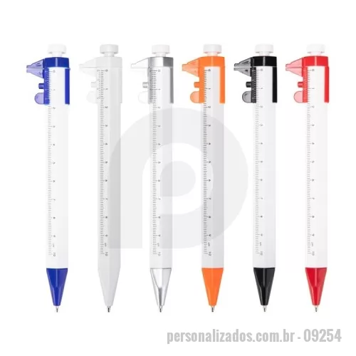 Caneta paquímetro personalizada - Caneta paquímetro Personalizada - 09254 - Caneta plástica hexagonal com paquímetro acoplado com escala de medição de 10 cm. Possui acionamento por clique e carga esferográfica azul de 1,0 mm. - 182696 - Caneta paquímetro
