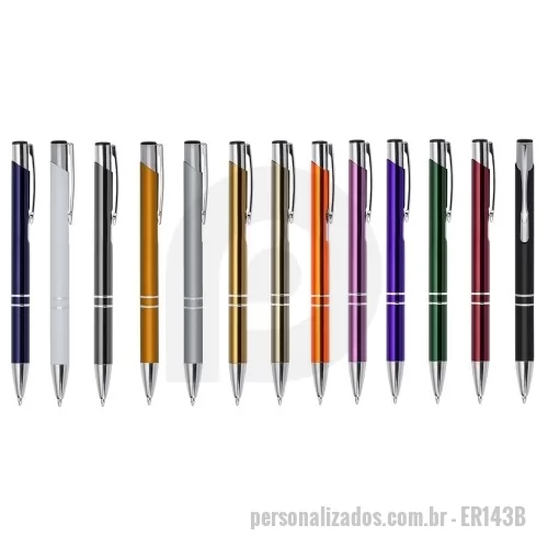 Caneta personalizada - Caneta metal inteira colorida com detalhes prata. Clip metal com a ponta do acionador preto, parte inferior com dois anéis prata. Aciona por clique.