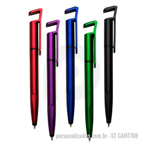Caneta personalizada - Caneta plástica com ponteira touch e suporte para celular. Personalizada com bom espaço, útil e de baixo custo esse brinde possui grande variedade de cores e pode ser distribuído em feiras e eventos