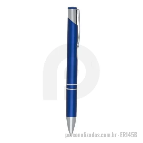 Caneta personalizada - Caneta metal inteira colorida com detalhes prata. Clip metal com a ponta do acionador na cor da peça, parte inferior com dois anéis prata. Aciona por clique.