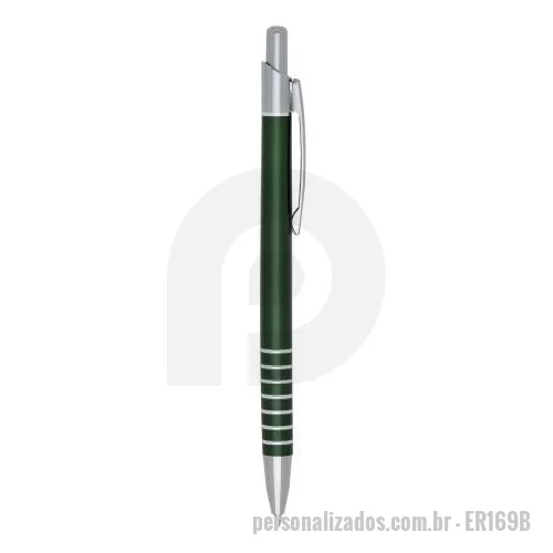 Caneta personalizada - Caneta metal fina inteira colorida com detalhes prata. Clip de metal, possui sete anéis na parte inferior. Aciona por clique.