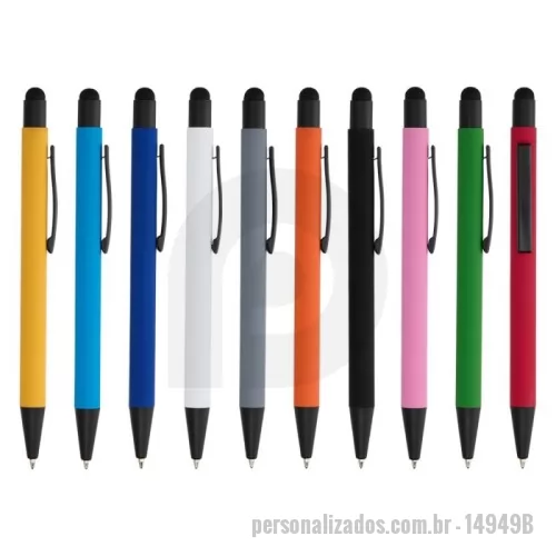 Caneta personalizada - Caneta metálica touchscreen com acabamento emborrachado, acionamento por clique e carga esferográfica azul 1.0mm.