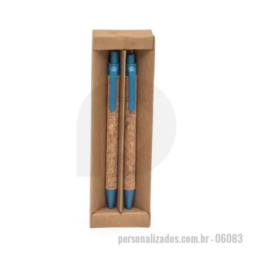 Caneta personalizada - Kit ecológico com caneta e lapiseira de cortiça com estojo de papelão. Carga esferográfica azul. Acionamento por clique.