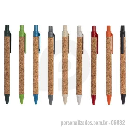 Caneta personalizada - Caneta de cortiça com carga esferográfica azul 1.0mm e acionamento por clique. Clipe plástico, acionador e ponteira plástica.