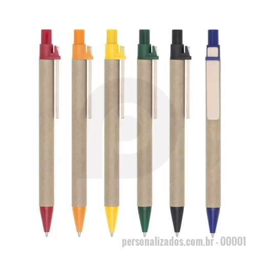 Caneta personalizada - Caneta ecológica de papelão com detalhes coloridos. Clip de madeira e ponteira plástica, possui relevo na ponteira. Aciona por clique. Em nossa página exclusiva você encontra esse e muitos outros produtos. Confira!