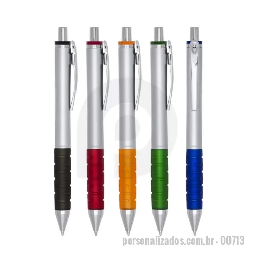 Caneta personalizada - Caneta plástica com detalhe emborrachado, carga esferográfica azul e acionamento por clique.
