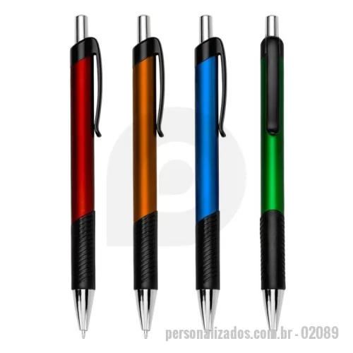 Caneta personalizada - 02089  Caneta plástica com detalhe emborrachado, carga esferográfica azul e acionamento por clique. Em nossa página exclusiva você encontra esse e muitos outros produtos. Confira!