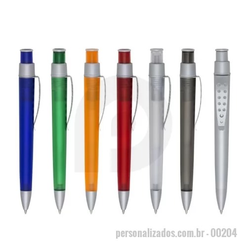 Caneta personalizada - Caneta plástica com clip metálico vazado, carga esferográfica azul e acionamento por clique. Em nossa página exclusiva você encontra esse e muitos outros produtos. Confira!