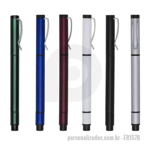 Caneta personalizada - Caneta metálica com marca texto e carga esferográfica azul, ambas com tampas protetoras.