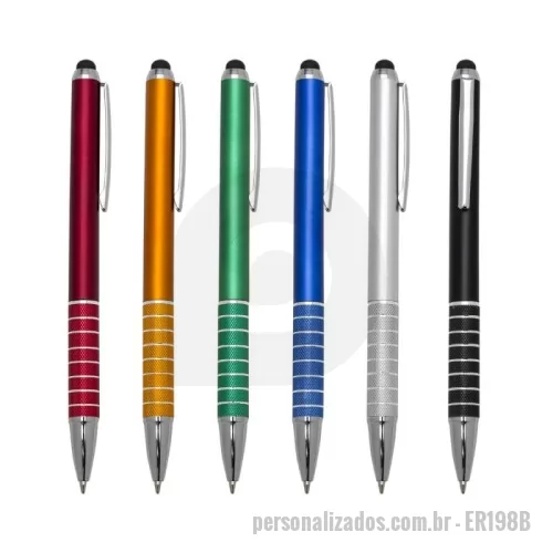Caneta personalizada - Caneta plástica com touch screen, carga esferográfica azul e acionamento por rotação.