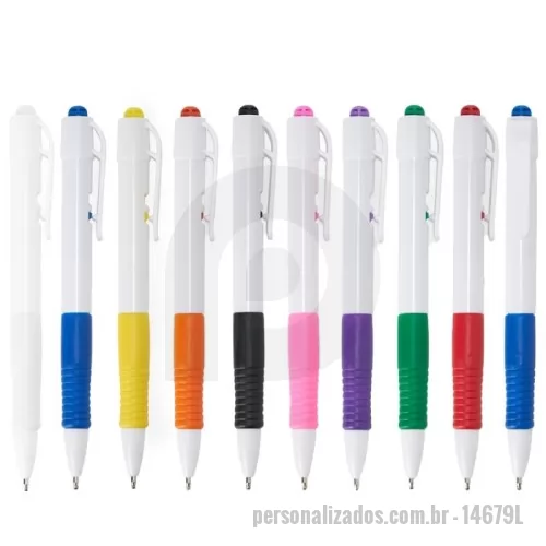 Caneta personalizada - 14679L Caneta plástica com detalhe emborrachado, carga esferográfica azul e acionamento por clique. Conheça mais produtos em nossa página exclusiva e faça seu orçamento!