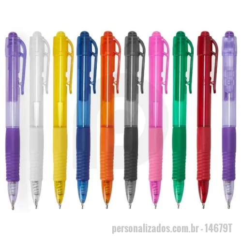 Caneta personalizada - 14679T Caneta plástica com detalhe emborrachado, carga esferográfica azul e acionamento por clique. Conheça mais produtos em nossa página exclusiva e faça seu orçamento!