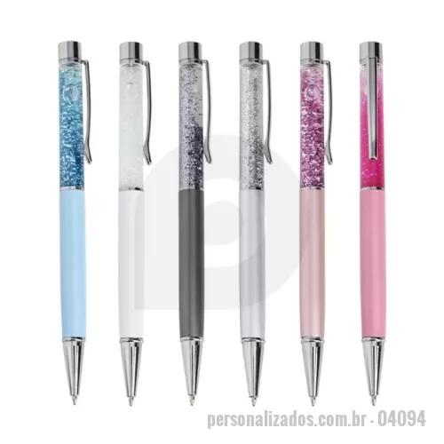 Caneta personalizada - Caneta metálica com glitter, acionamento por rotação e carga esferográfica 1.0mm azul. Conheça mais produtos em nossa página exclusiva e faça seu orçamento!