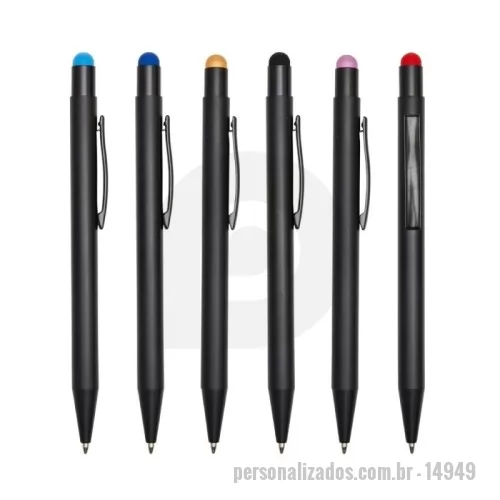 Caneta personalizada - Caneta metálica com touch screen, carga esferográfica azul 1.0mm e acionamento por clique. Ao ser personalizada a laser, o corpo da caneta adotará a mesma cor da borracha touch, com a exceção da cor preta, que permanecerá em prata.