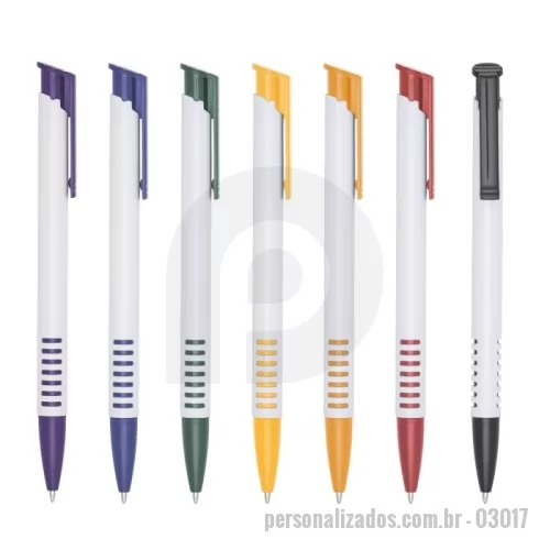 Caneta personalizada - Caneta plástica com carga esferográfica azul e acionamento por clique. Poder escolher clipe colorido e corpo branco, clipe colorido e corpo prata e clipe prata e corpo colorido.